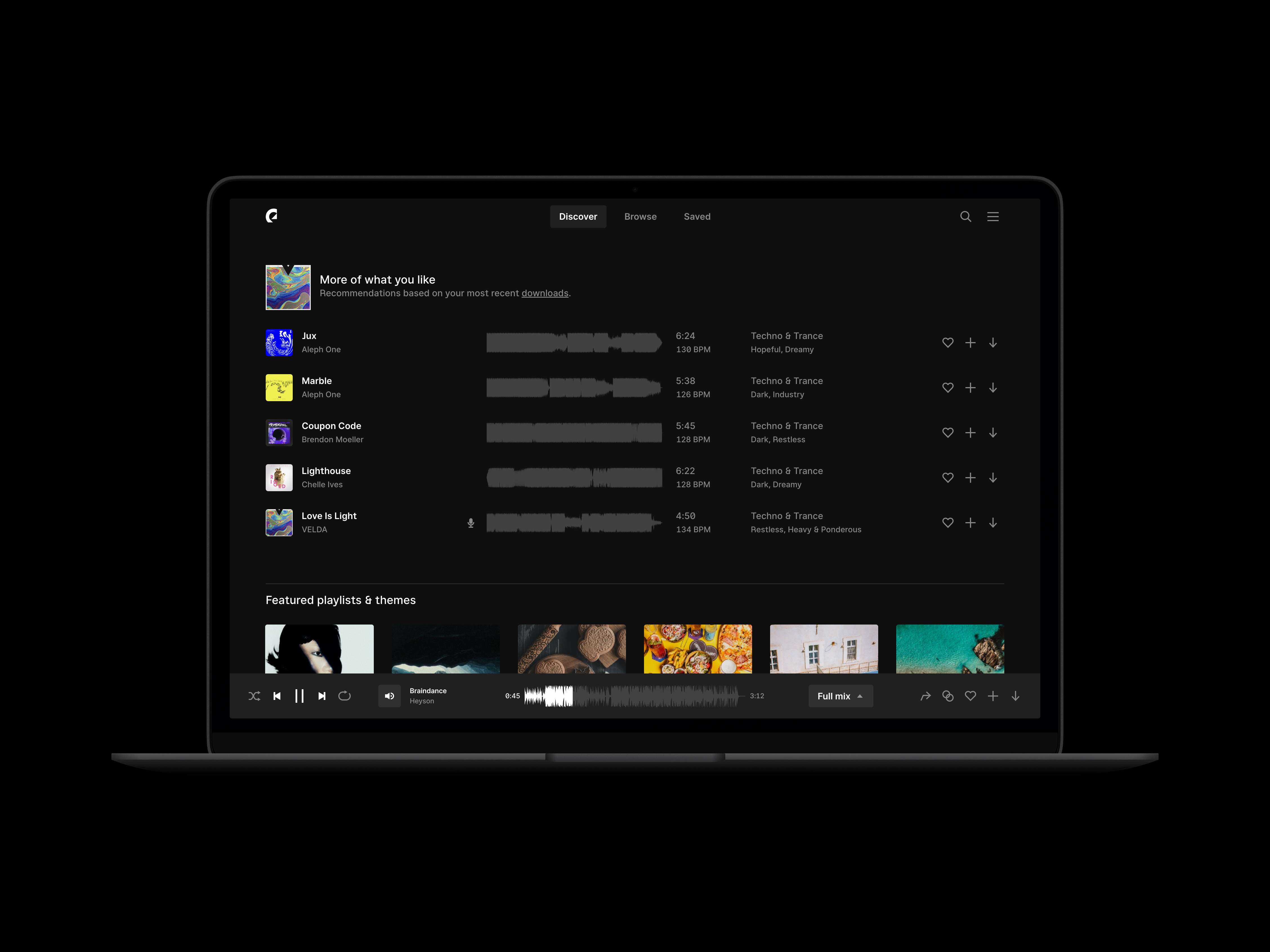 Epidemic Sound home feed with recommendations